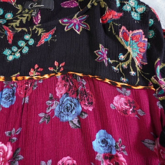 Calessa Womens Tunic Top L Boho Gauzy Mixed Print Artsy Flowy Bell Sleeve Casual - Picture 4 of 11